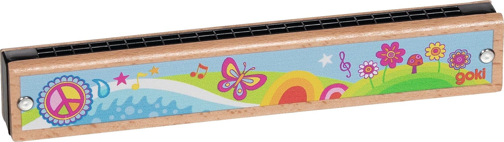 goki 6639 - Musikset blau mit 6 Teilen, Einsteiger Musikinstrumente Spieldose, Mundharmonika, Tamburin, Blockflöte, Maracas, Egg Shaker, buntes goki66 Design, musikalisch Förderung ab 3 Jahre