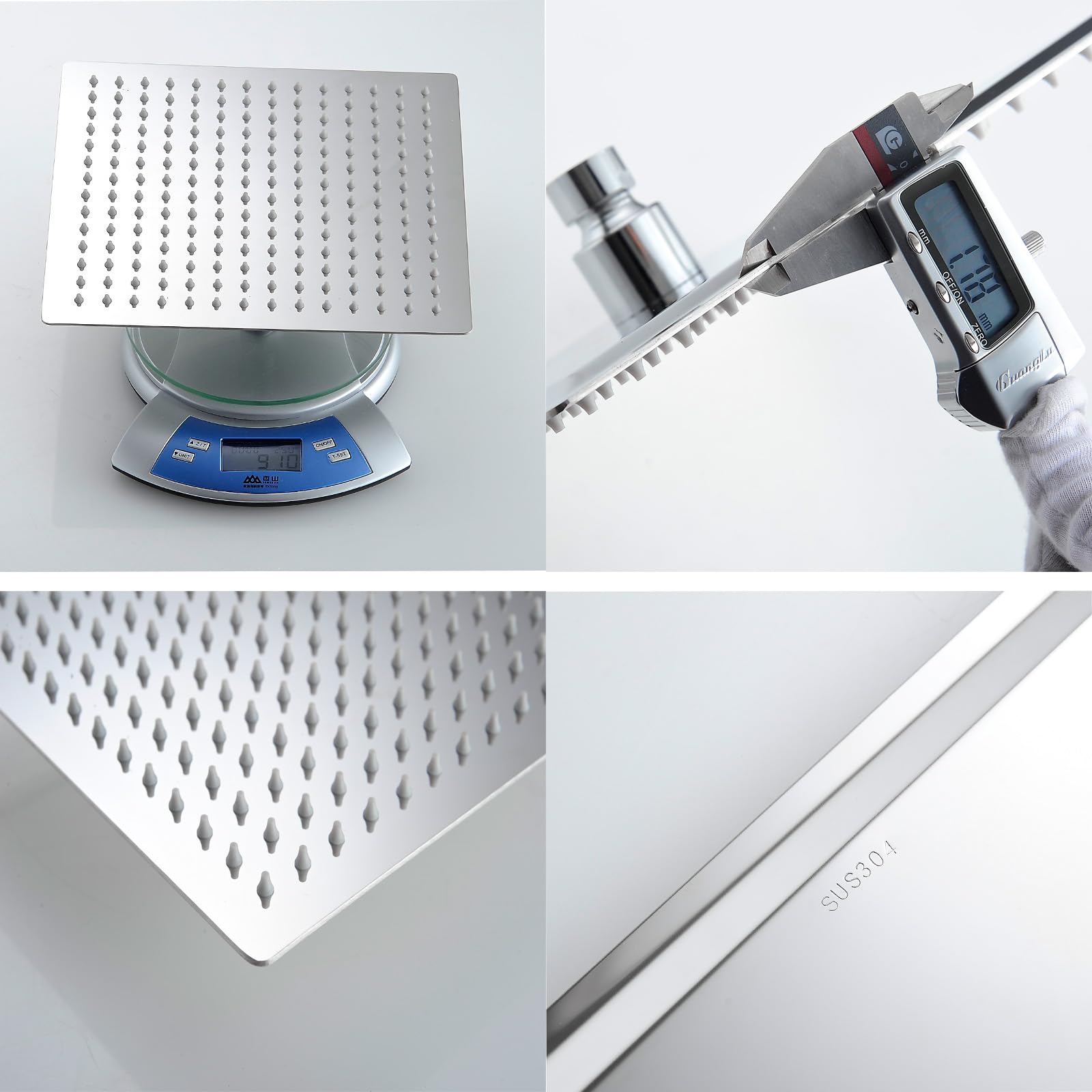 Soffione doccia a pioggia 12 pollici, soffione a pioggia 30 x 30 cm, rettangolare, in acciaio inox 304, autopulente, soffione doccia a pioggia con ugelli anticalcare, soffione regolabile a 360