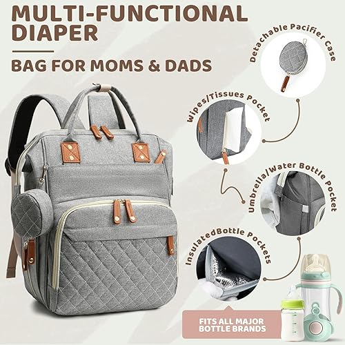 Miniatura 4 de Mochila para pañales para niñas y niños bolsa de pañales gris para niños pequeños con cambiador, mochila para bebé, bolsa de pañales para papá
