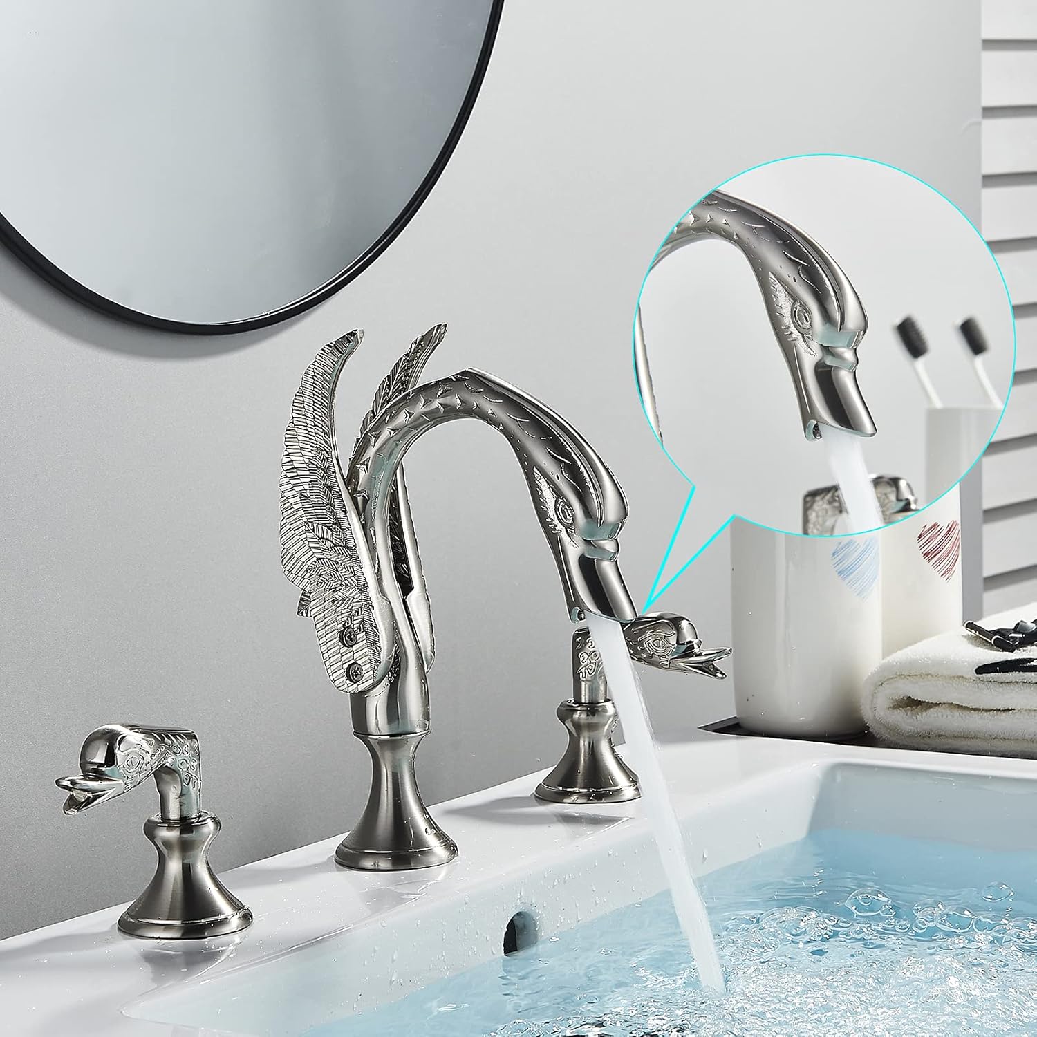 Hot Deals Votamuta Brushed Nickel 8-Inch Three Hole Basin Sink Vanity Faucet Swan Shape Spout Deck Mounted Mixer Tap NEW Buy 2 get 3 Votamuta Brushed Nickel 8-Inch Three Hole Basin Sink Vanity Faucet Swan Shape Spout Deck Mounted Mixer Tap NEW