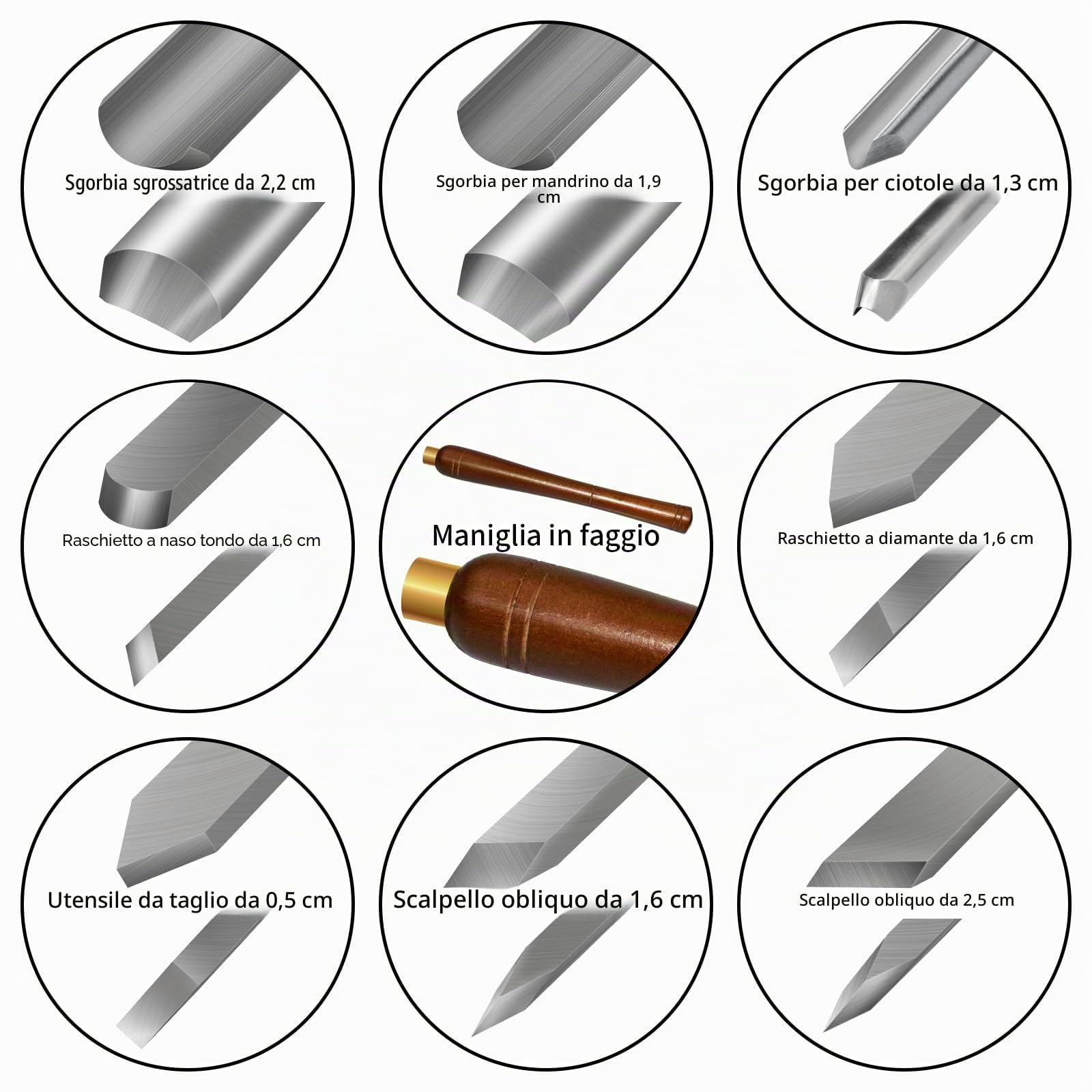 Kit di scalpello per tornitura in legno HSS 8 pezzi con manico in faggio