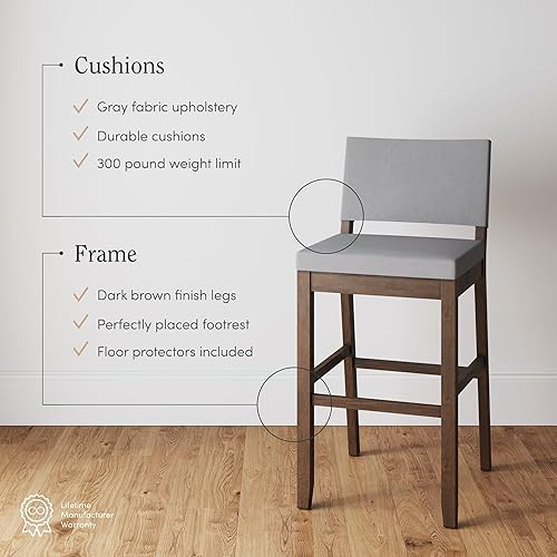 Miniatura 4 de Nathan James Linus Taburete de bar tapizado moderno con respaldo y patas de madera maciza de goma en un acabado cepillado de alambre, gris