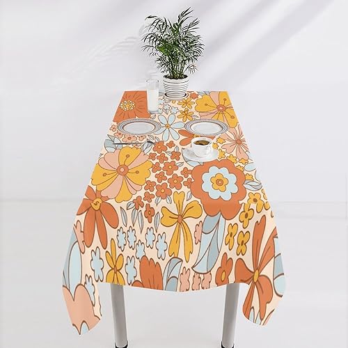 Miniatura 812 de Mantel floral hippie, diseño retro de los años 70, naranja, rosa, azul, floral, bohemio, estampado estético de margaritas, para fiesta, picnic