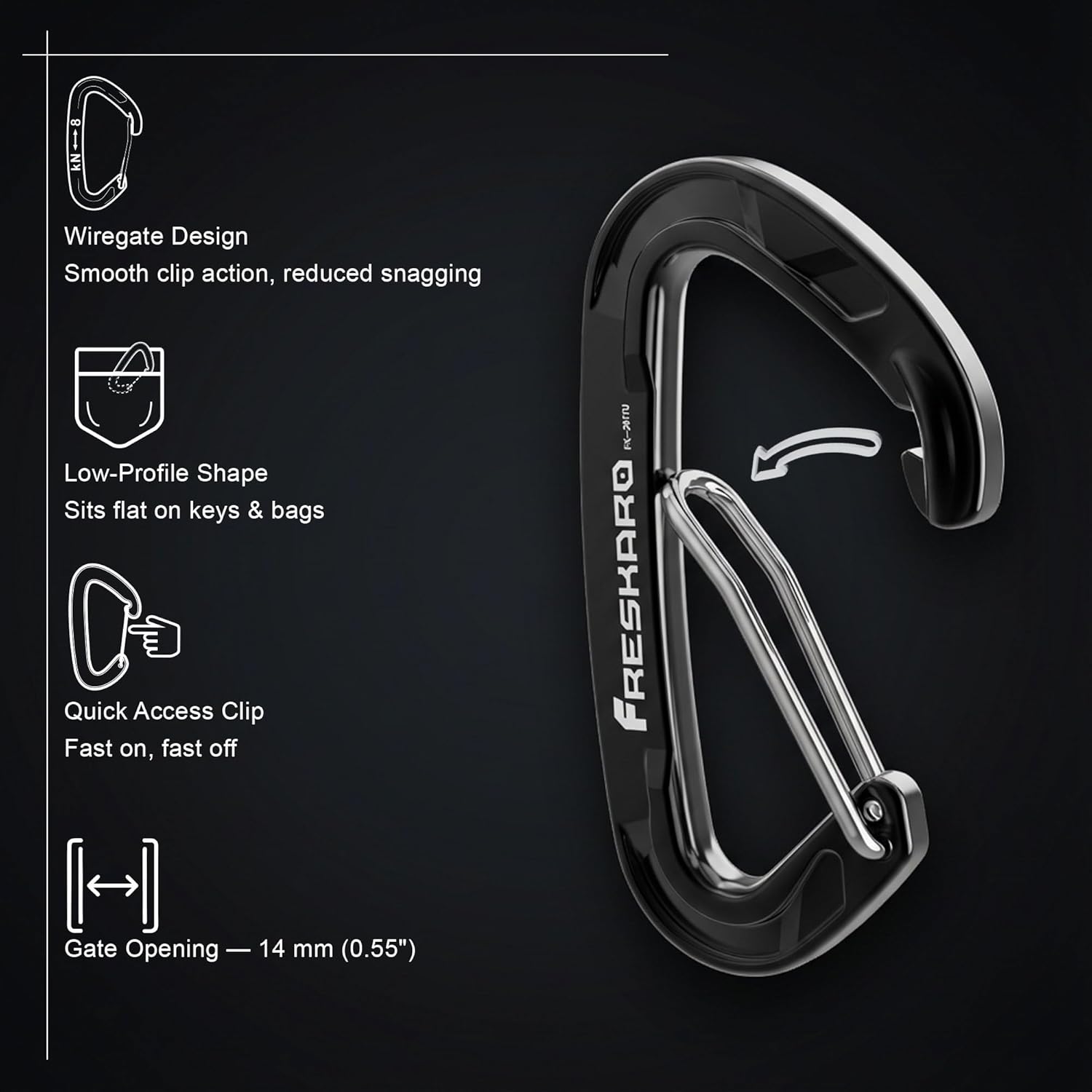 FresKaro 5pcs Nano Carabiner Clips, 8kN 1798lbs, Small Sturdy, Reliable Time-Tested Strong Spring Wiregate, Mini Size 2.37inch, Choice of 5colors - Image 3