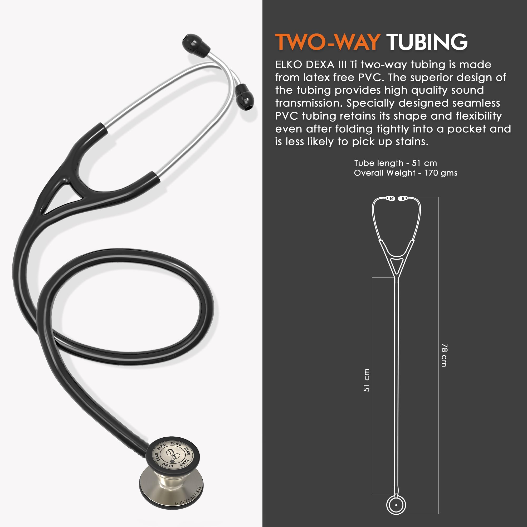 ELKO EL-250 DEXA III Ti Titanium dual head acoustic stethoscope | Adult & Pediatric Stethoscope with Double-sided Natural Titanium Chestpiece | Two-Way PVC Tubing | Doctors & Medical Students (BLACK) - Image 4 thumbnail