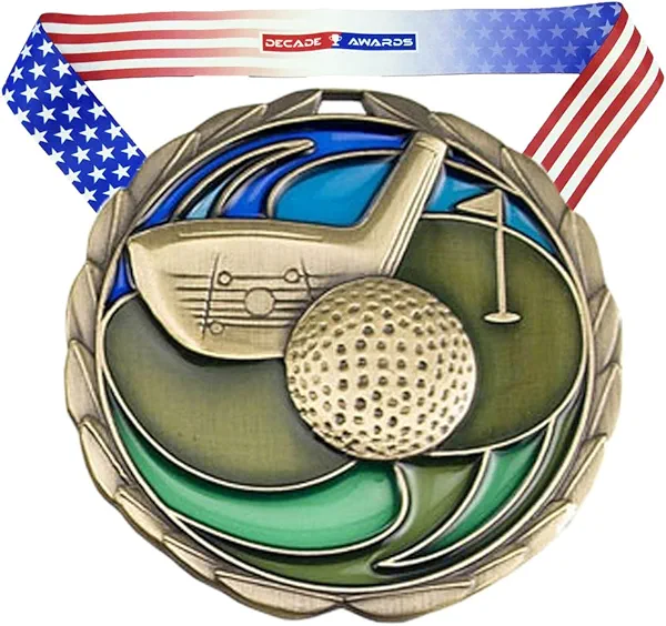 Decade Awards Golf Color Medal - 2.5 Inch Wide Tournament Medallion with Stars and Stripes American Flag V Neck Ribbon