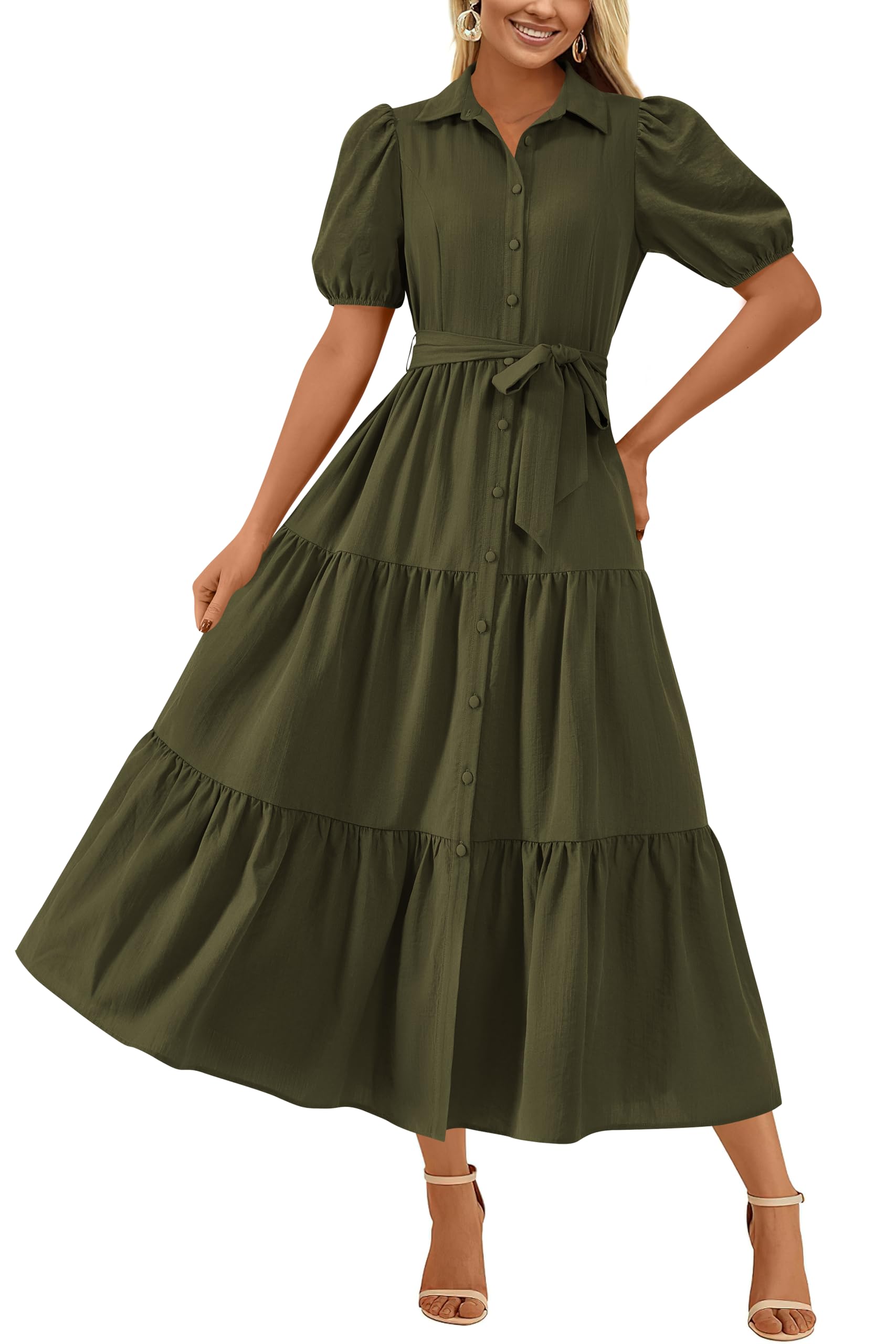 MASCOMODA Womens Summer Dresses 2025 Short Sleeve Maxi Dress Casual V Neck Button Down Tiered A Line Flowy Midi Shirt Dress