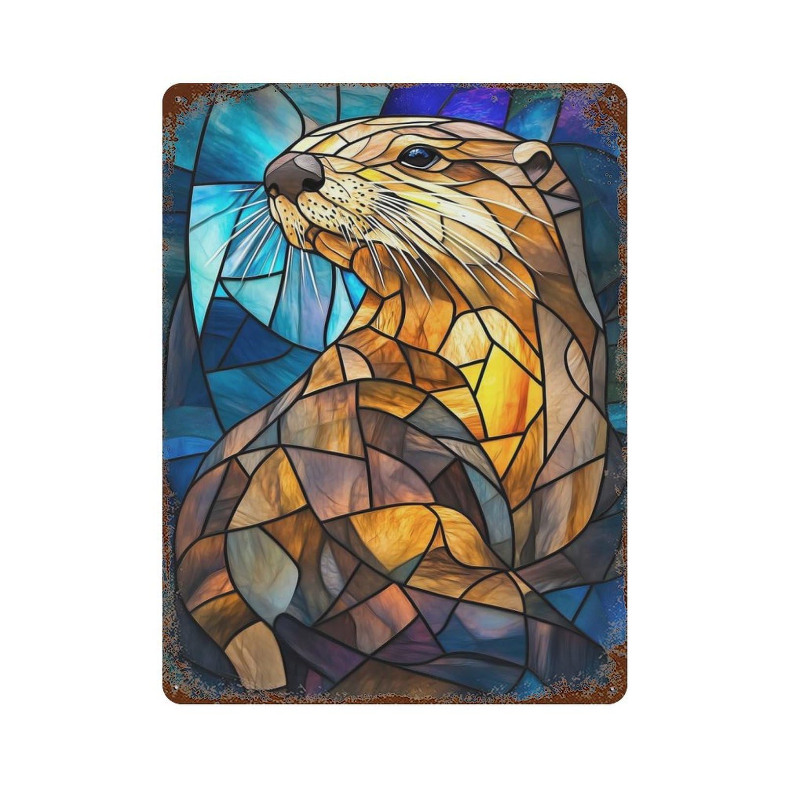 Stained Glass Otter 15.7"x11.8" Rusty Metal Tin Sign, Novelty Wall Decor for Cafe, Home Bar And Lounge Decor