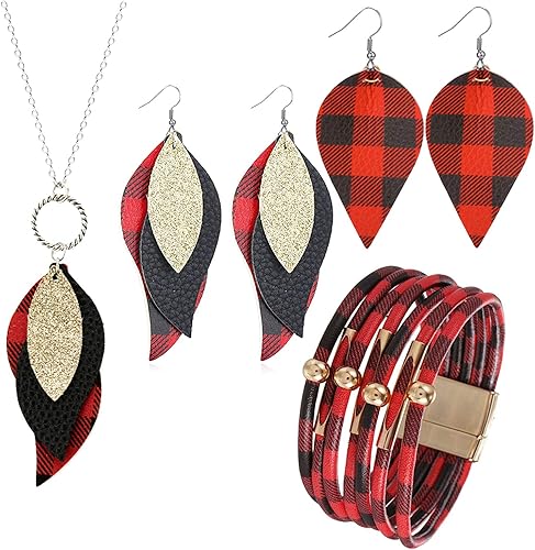 CSIYANJRY99 Juego de 4 piezas de aretes de cuero a cuadros de búfalo, collar y pulsera, juego de joyas de Navidad a cuadros rojos y negros para mujer