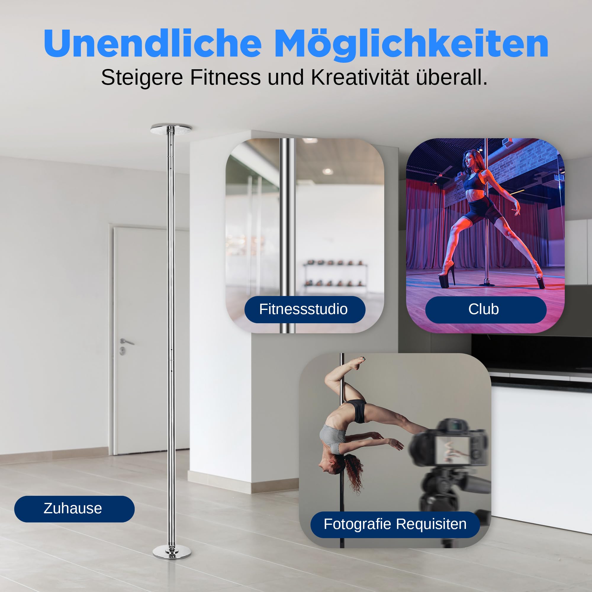 SereneLife Pole Dance Stange Indoor – Höhenverstellbar, Statisch & Rotierend, 204–274cm Turnstange Indoor für Zuhause – Robuster Stahl, Kein Bohren – Fitness Poledance Tanztraining – 280kg Traglast