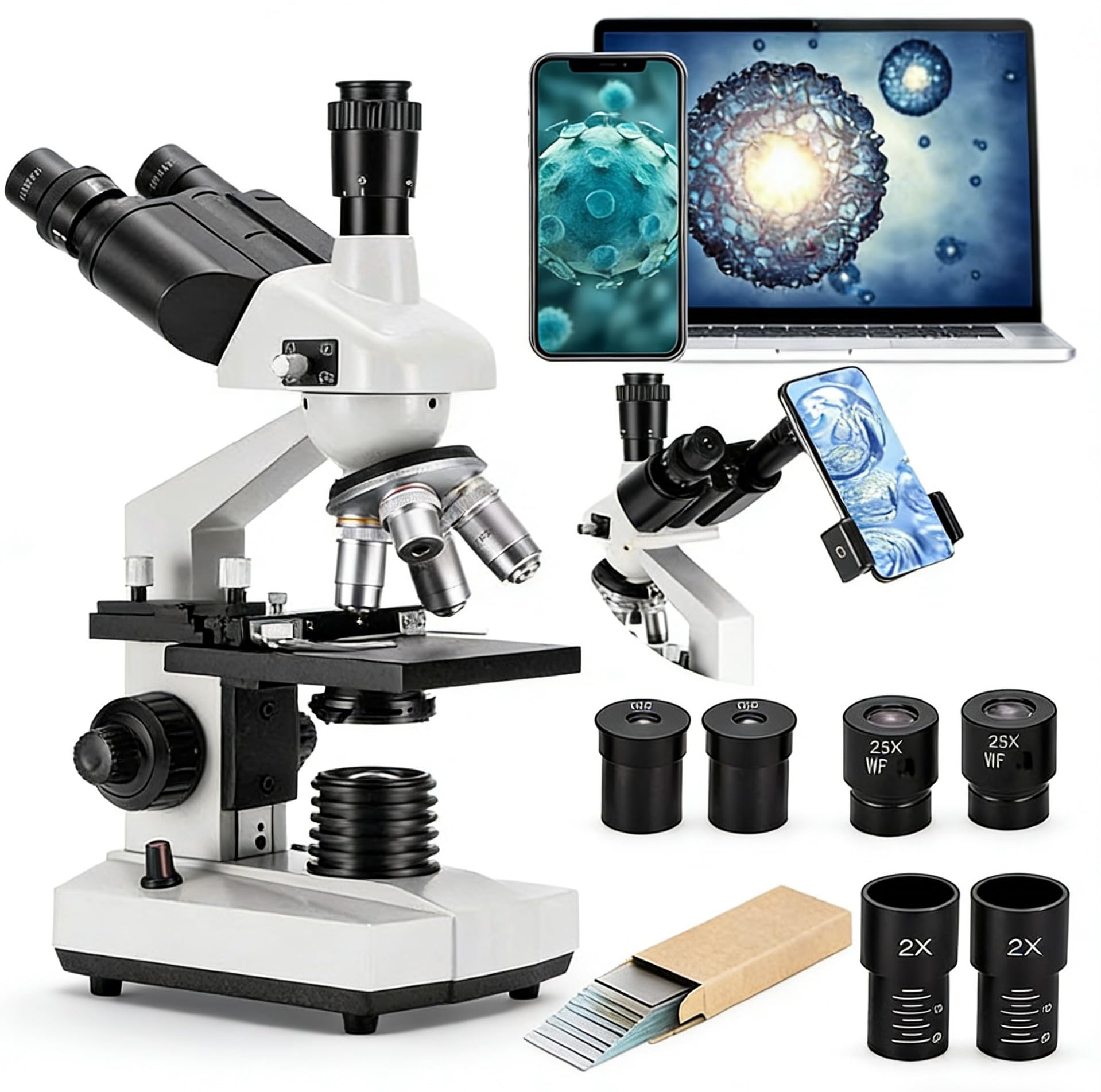 WQV 40X-5000X Composite Microscope, Professional Trinocular Microscope for Adults, Laboratory with Microscope Slides, WF10X & WF25X Eyepieces, Abbe Capacitor, Support Screen PC Phone-image-16