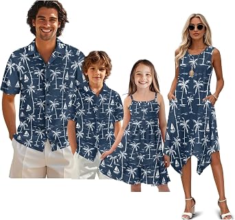 GIFTPUZZ Family Photo Outfits Polyester Father Son Matching Shirts Soft Mother Daughter Matching Dresses Holiday
