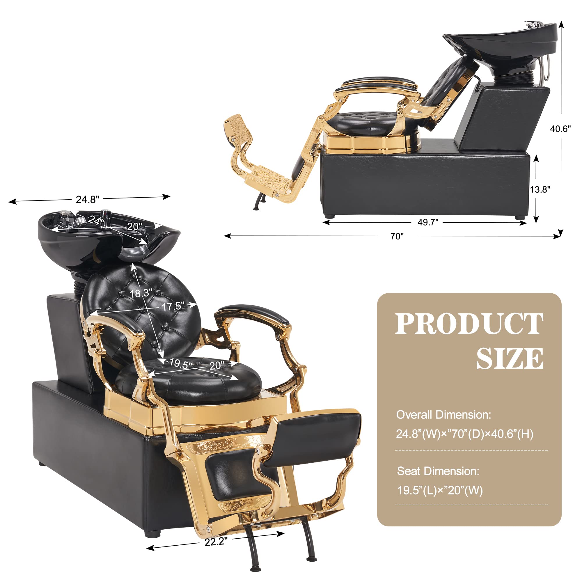 BarberPub Vintage Shampoo Chair, Ceramic Shampoo Bowl Sink Station, Hair Stylist Chairs for Spa Beauty Salon 9010 (Gold)