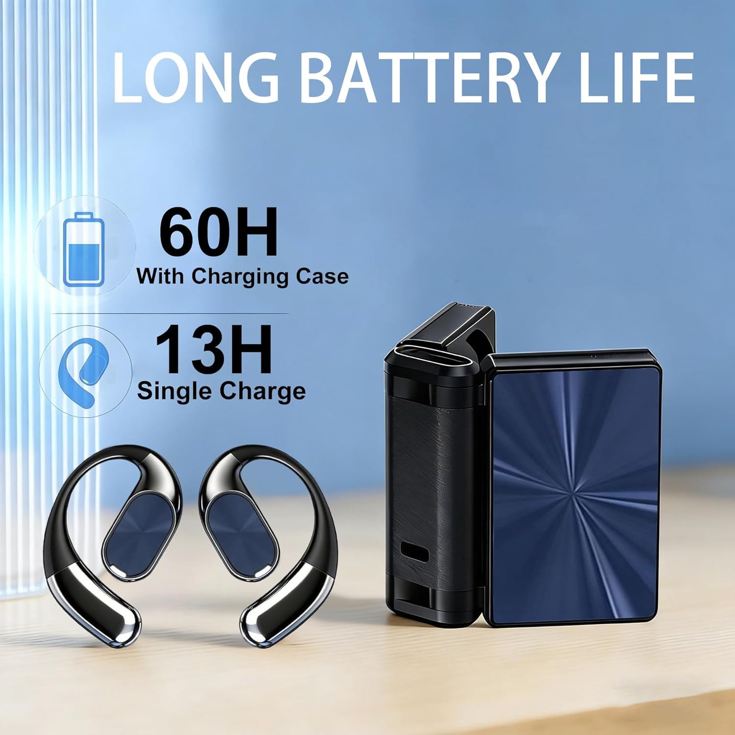 Open Ear EarBuds - Headphones Bluetooth with Dual-Fold Design,60H Playtime Bluetooth 6.0 Wireless Earbuds，High-Fidelity Sound,IPX5 Waterproof & Sweatproof for Sports/Fitness/Travel/Workouts (Black)
