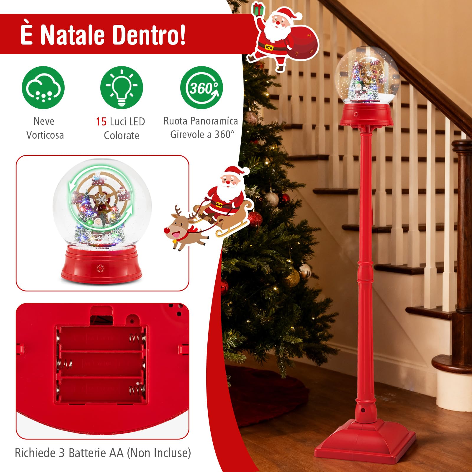 COSTWAY 150 CM Lampione Natalizio Musicale, Lampada Festiva con Lanterna a Globo di Neve Attivata dal Suono, Albero di Natale, Babbo Natale, Soldato e Scatole Regalo (Modello 4)
