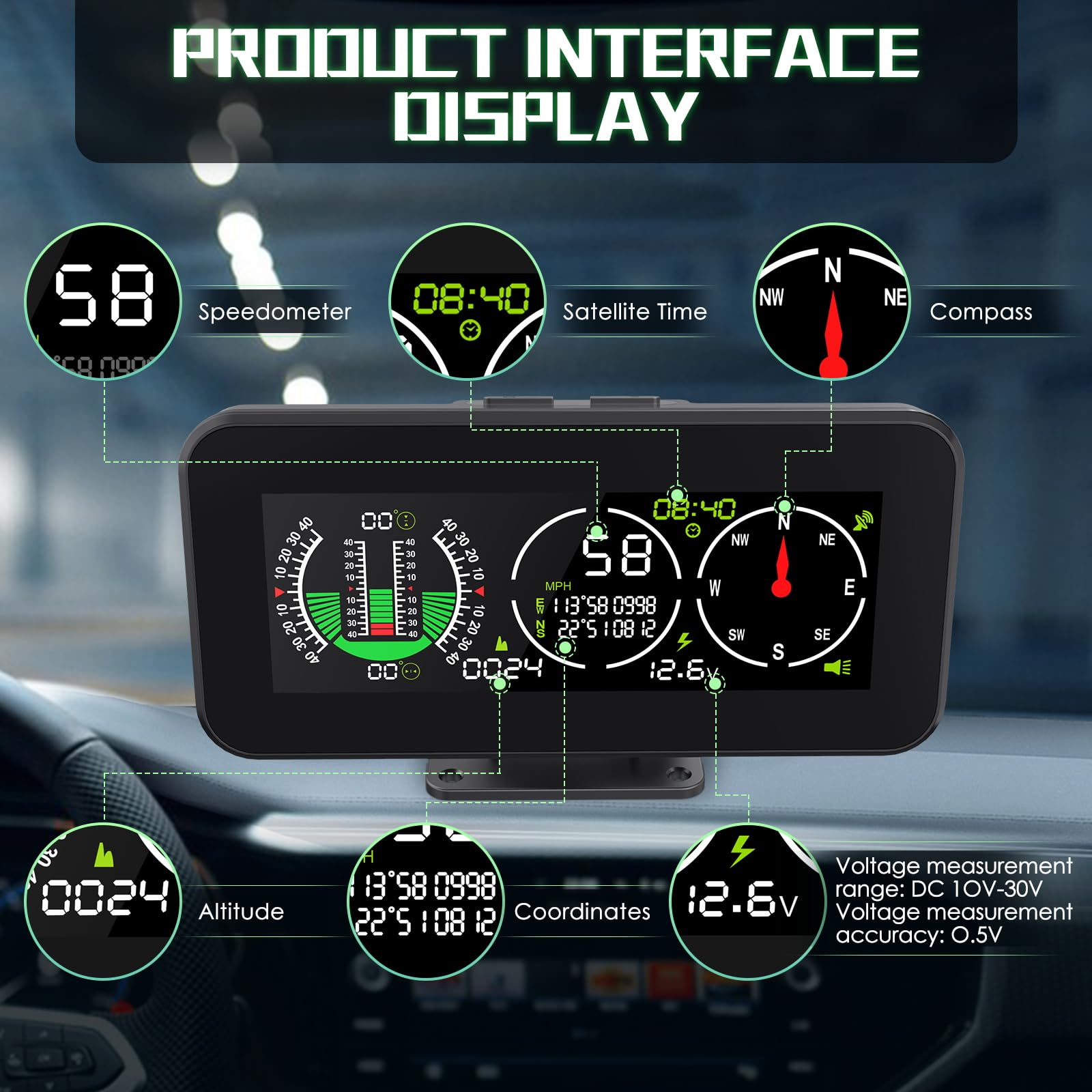 Car Inclinometer & HUD Display - GPS Level Tilt Meter With Pitch/Roll Angle, Speed, Compass
