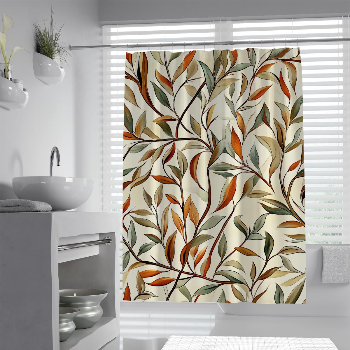 OLLIAR Home Colorful Leaves 180x180 Shower Curtain Plant Botanical Boho Retro Vintage Watercolor Leaf Rustic Farmhouse Modern Bathroom Curtain Set with Hooks