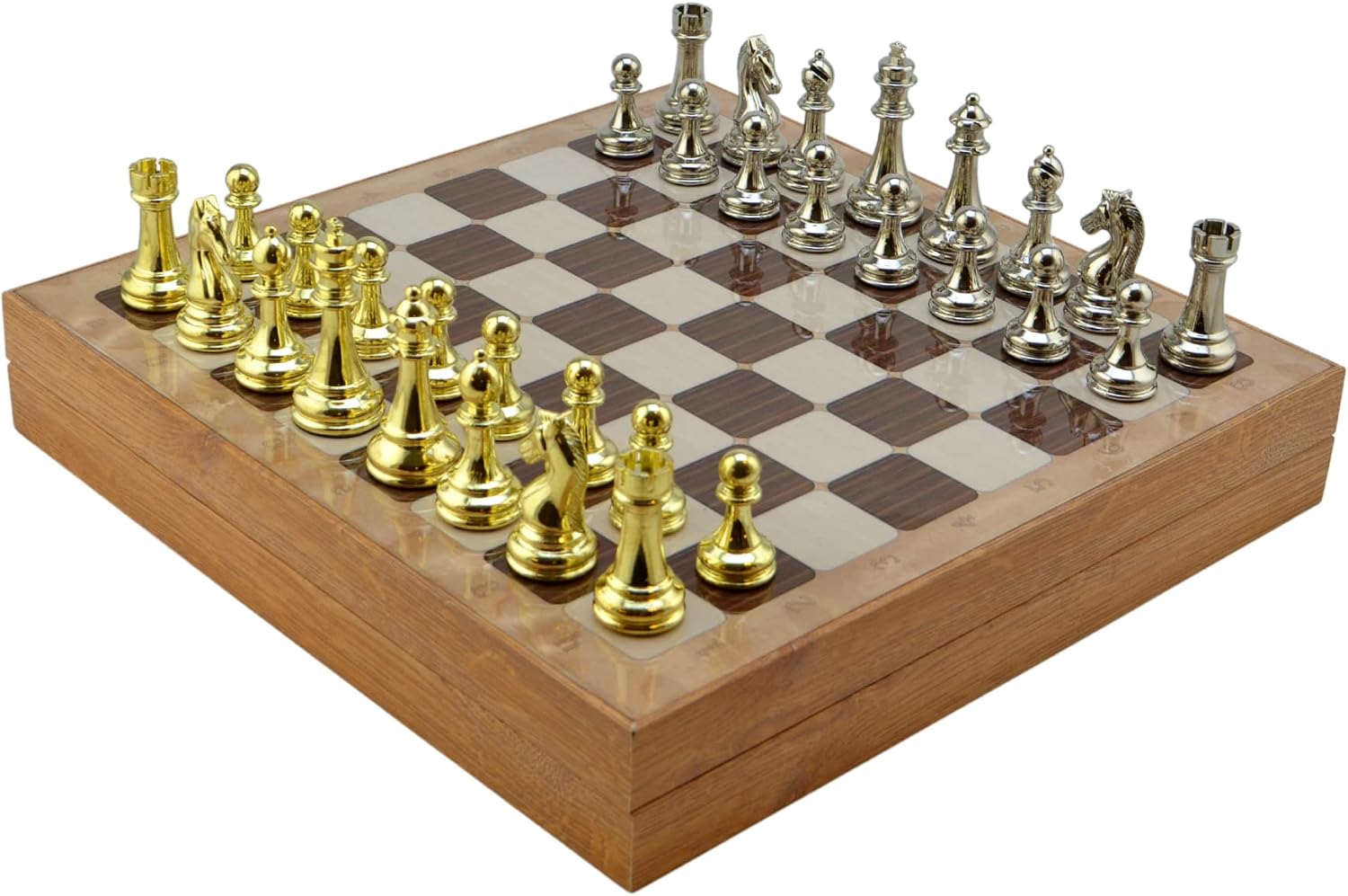 Classic Figures Metal Chess Set for Adults,Handmade Pieces and Different Design Wooden Chess Board with Storage (Rustic)