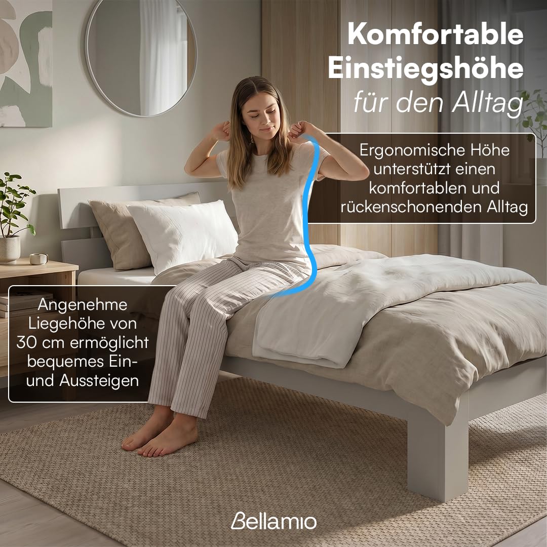 Bellamio Kavir Holzbett 90x200 cm – Massivholzbett mit Lattenrost – Bett aus Kiefer Massivholz in grau lackiert – Bettgestell mit Bettkopf – Stabiler Bettrahmen bis 120 kg – geeignet als Einzelbett