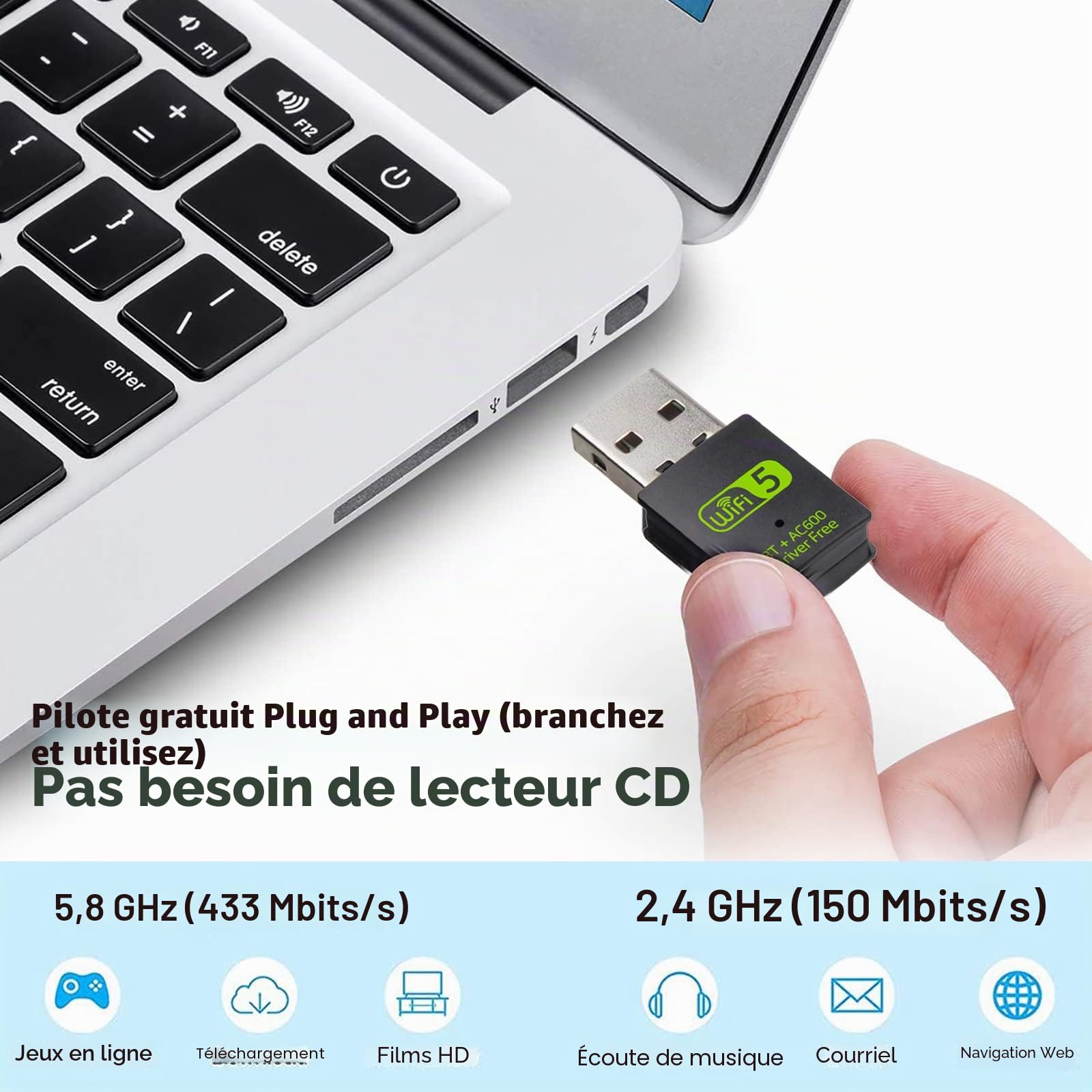 Clé WiFi USB 600 Mbps Adaptateur Bluetooth 4.2 Dongle 2.4 GHz/5.8 GHz pour PC Windows Mac