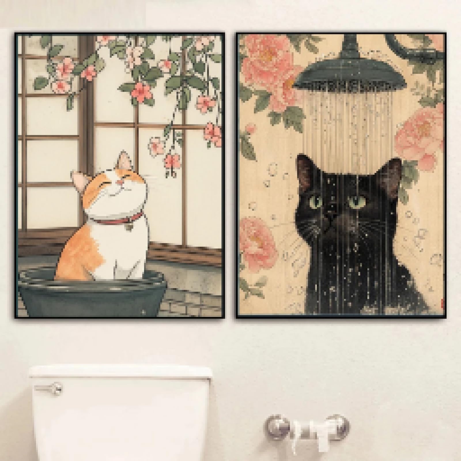 Póster artístico de baño con diseño de gato perezoso y bañera japonesa de estética retro, impresión en lienzo para sala de estar, dormitorio, baño, mural decorativo de 30 x 45 cm x 2 marcos interiores.