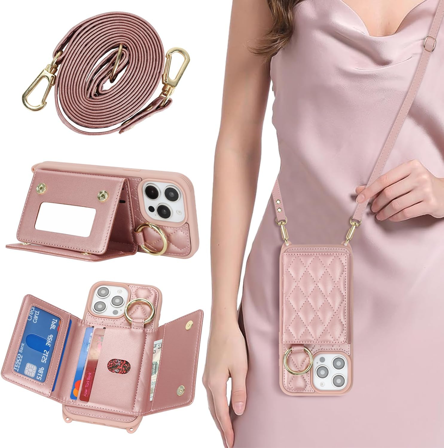 for iPhone 15 Pro Max Case with Card Holder and Strap for Women,Crossbody Lanyard, Make Up Mirror,Ring Stand,Snap Clasp,Cute Phone Wallet Cases 6.7 inch - Dark Rose Gold