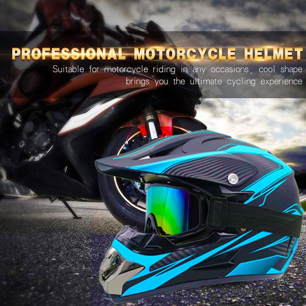 Casque de Motocross Pour Enfants, Casque de Vtt IntéGral Avec Lunettes, Masque Et Gants, Casque de Moto Quad Pour Jeunes Enfants, Homologué DOT(Blue lines,L(56-57cm))