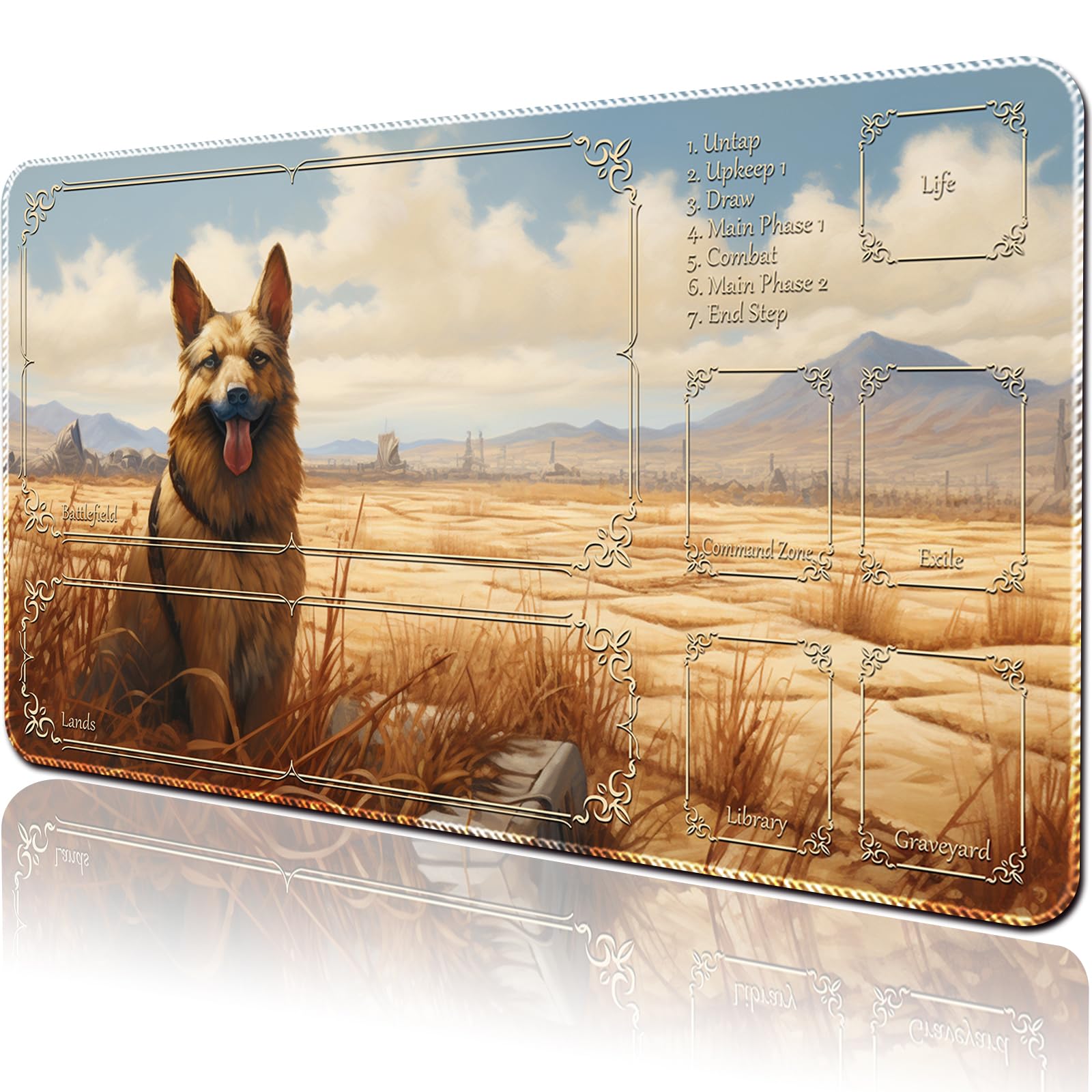 April Space Playmat Board Game MTG Duel Playmat Trading Card 23.6 x 13.8in Stitching Edges Compatible for TCG CCG RPG OCG with Card Zones Including Storage Bags (with Zone,A Garden Dog)