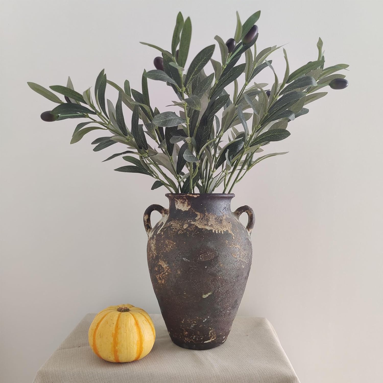 Black Pottery Vase - 10" Rustic Farmhouse vase, Vintage Weathered Terracotta Vases, Handmade Clay vases with Two Handles, Tall Textured Antique Vase for Home Decor, Entryway, Fireplace Mantel Decor