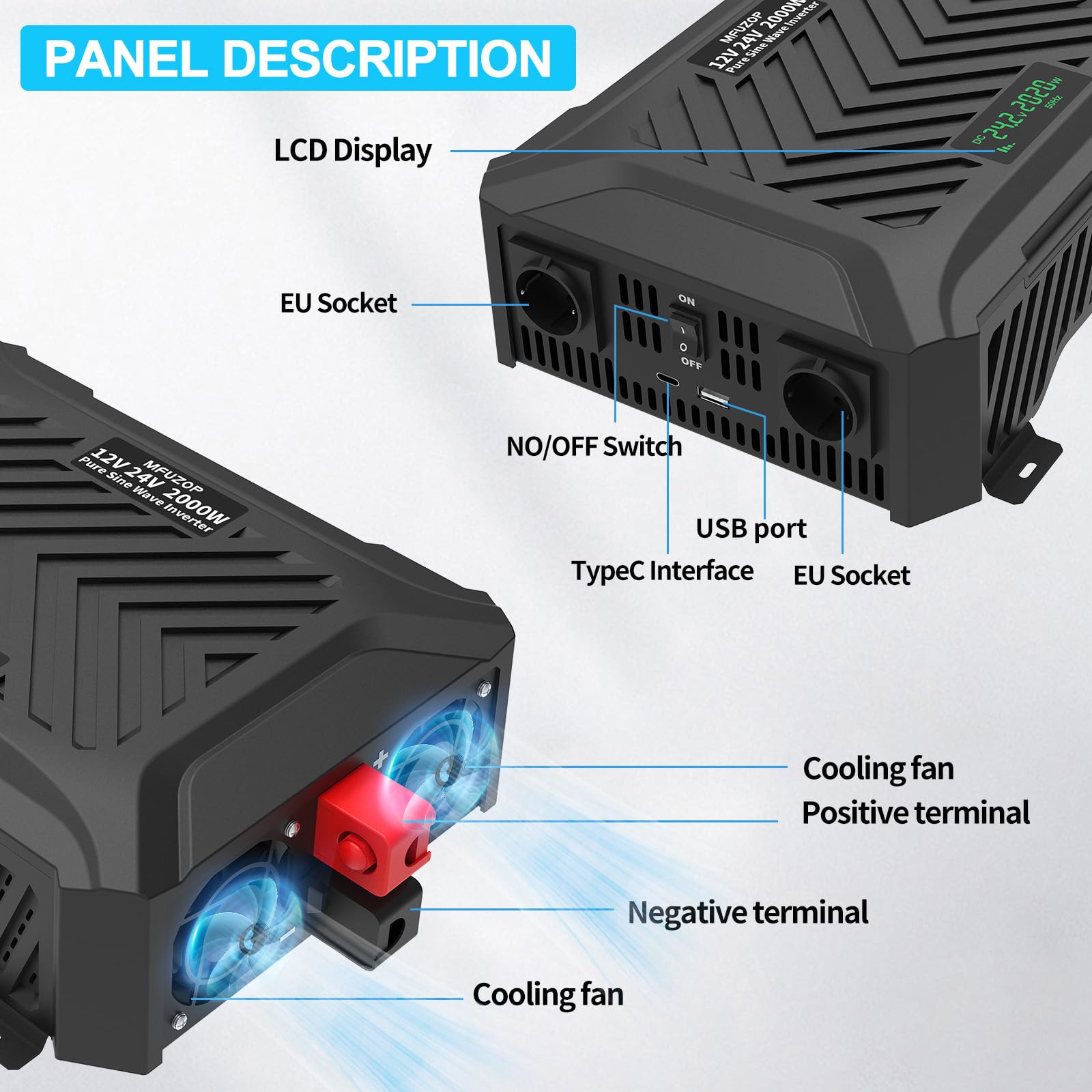 MFUZOP Inverter Onda Sinusoidale Pura 2000W/4000W Power Inverter DC 12V/24V a AC 220V/230V Convertitore con 2 prese AC, 1 porta Type-C, 1 porta USB 5V 2.1A & LCD-Display(12V/24V-2000W)