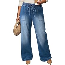 Eytino Womens Plus Size Jeans High Waisted Straight Leg Wide Leg Jean Trendy Stretchy Drawstring Denim Pants1X-5X