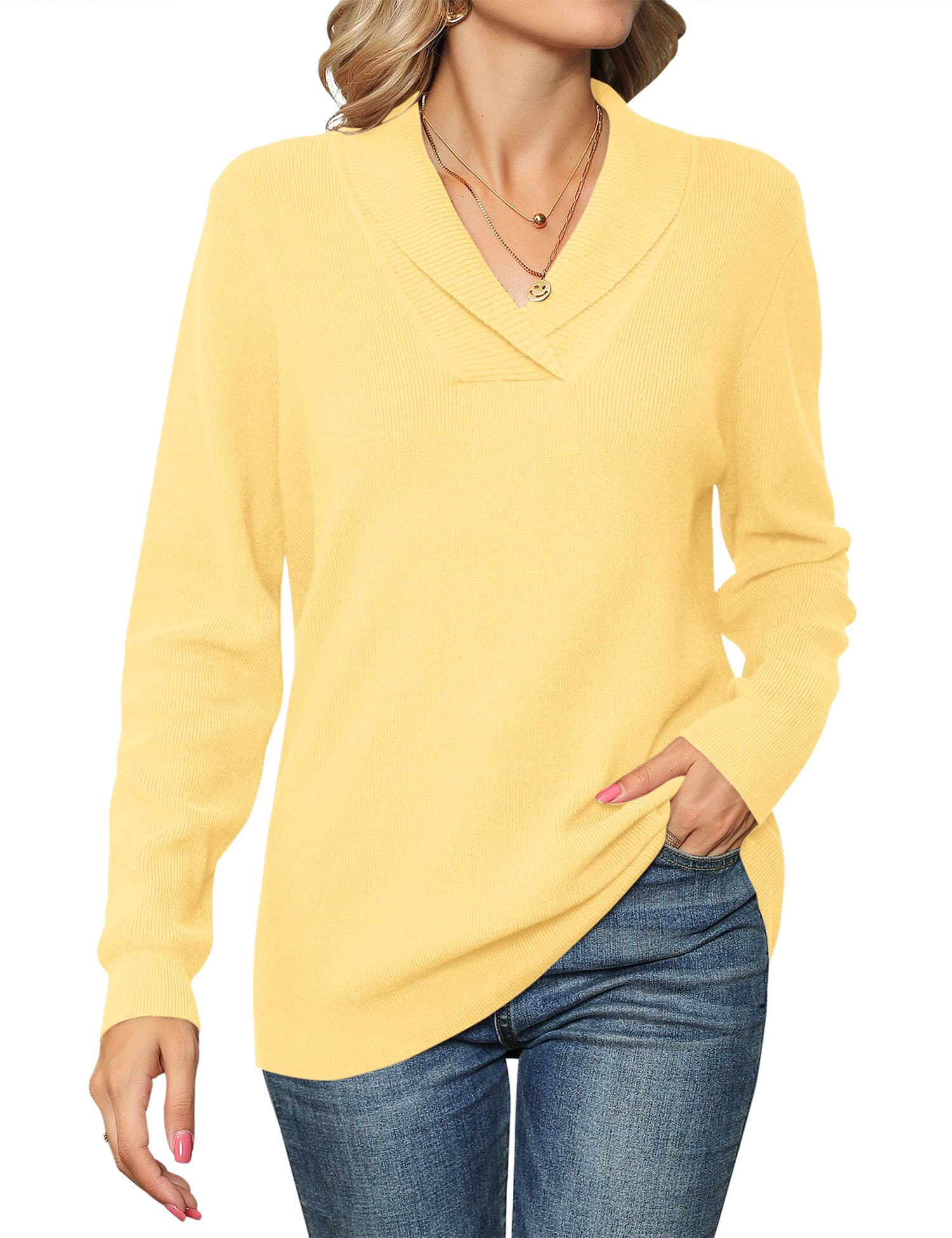 Ivicoer Women Long Sleeve V Neck Pullover Collar Knitted Sweaters
