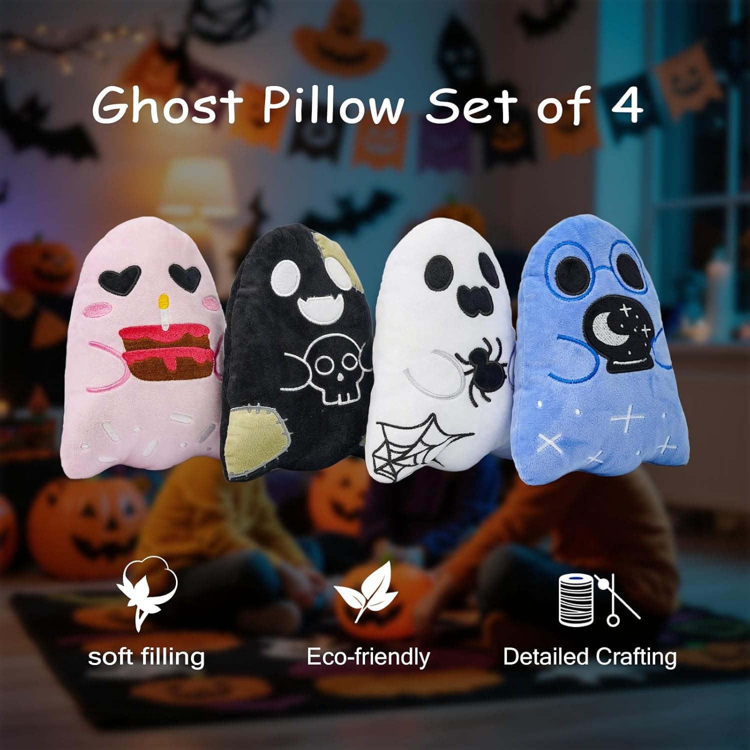Tian Zhun Ghost Pillow Set of 4 Cute Halloween Throw Pillow Cushion 7 x 7.9 Inch for Sofa Bedroom