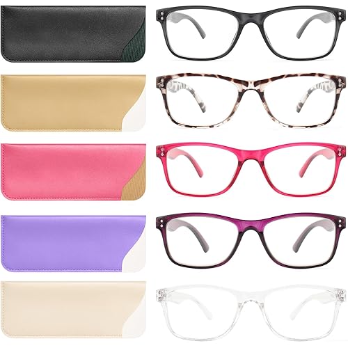 Fetrrc Reading Glasses Blue Light Blocking, Computer Readers for Women/Men, Anti Glare/Fatigue Clear Fashion Square Eyeglasses 5 Pairs (Mix Colors, 1.5)