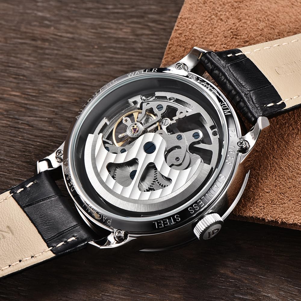 Pagani Design 1638 - Reloj de pulsera automático para hombre, con esfera de esqueleto, correa de piel auténtica, reloj de pulsera mecánico analógico hueco informal
