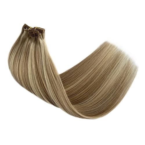 Miniatura 10 de Extensiones de cabello humano con clip, sin costuras, color negro natural degradado a castaño, extensiones de cabello humano con clip, trama de piel