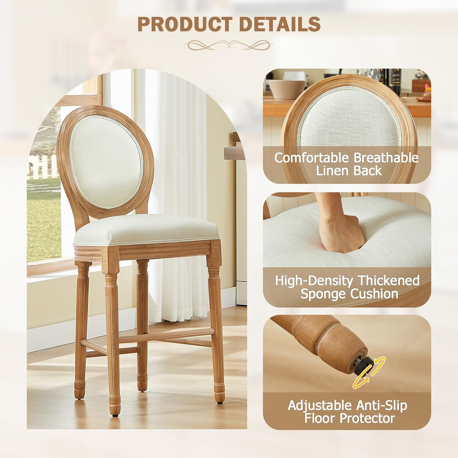 Nrizc Bar Height Chairs Set of 2, French Country Barstools with Solid Wood Frame and Upholstered Seating, Bar Stool for Dining Room, Kitchen