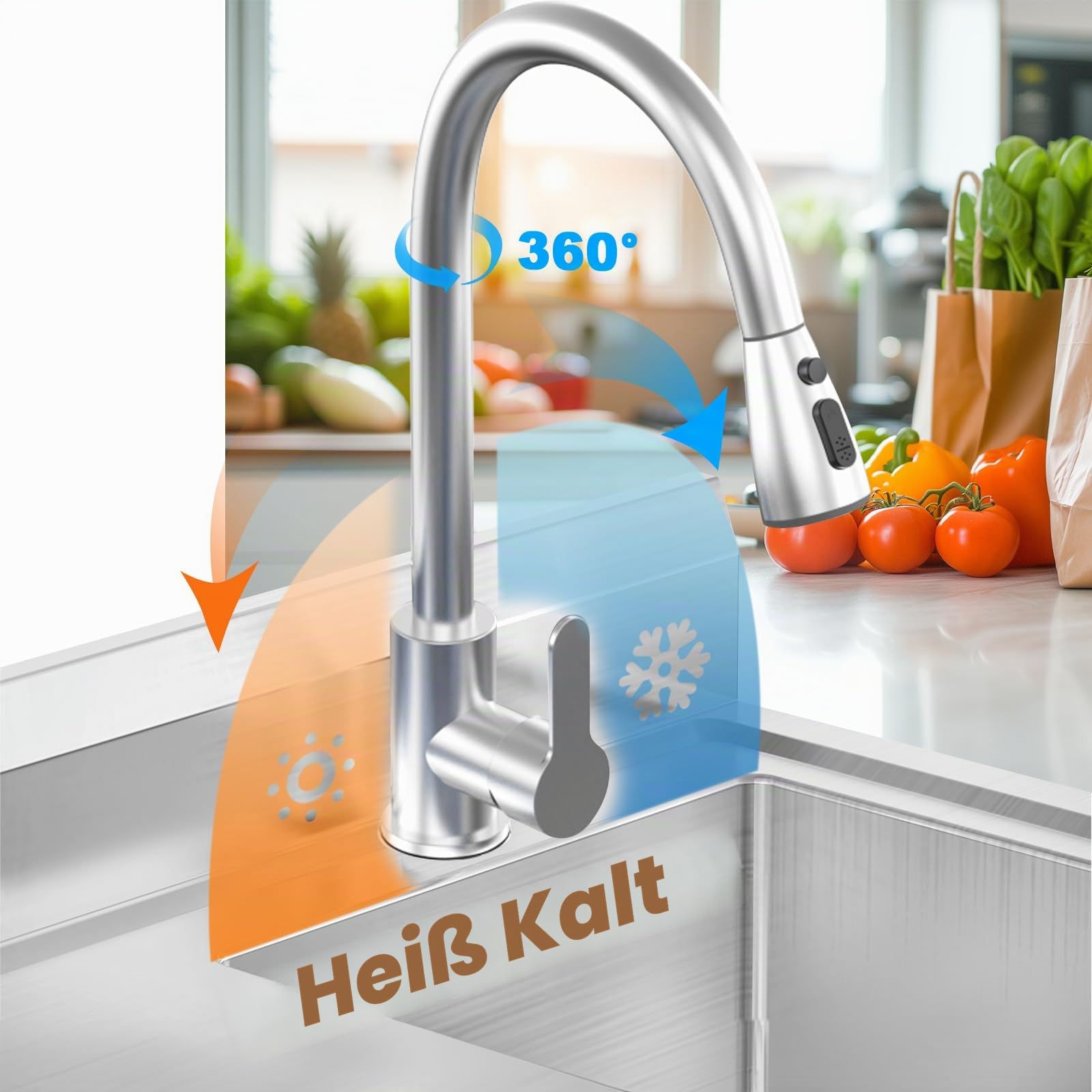 RiveraSink Edelstahl Spültisch freistehend mit Schublade – Ausziehbarem 360° Wasserhahn & Ablagefach, Gastro-Spülstation für Küche, Gastronomie & Waschküche