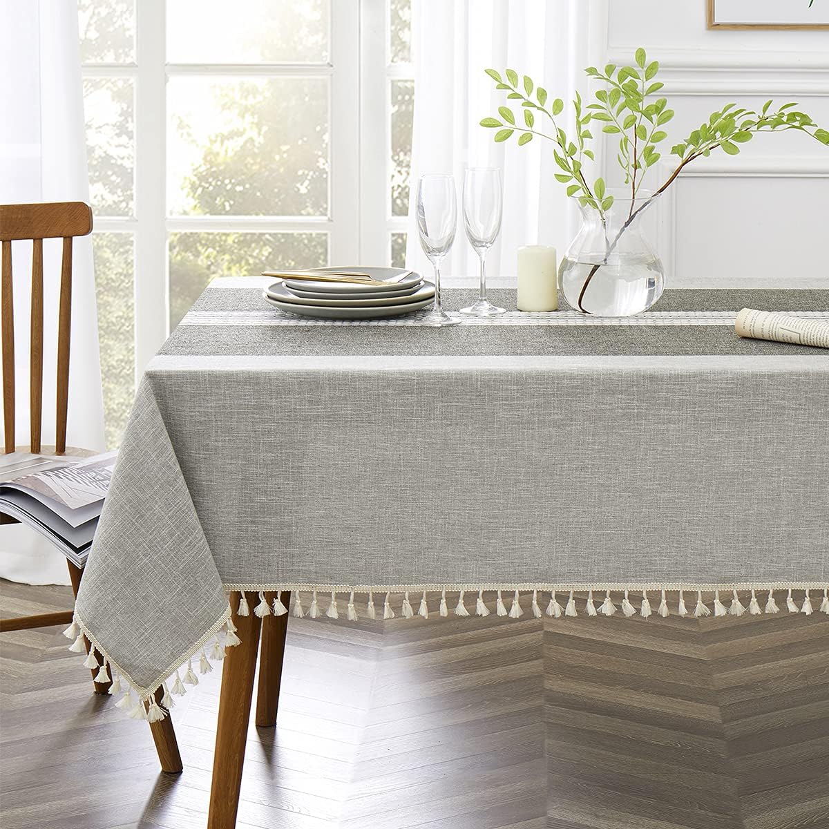 QIANQUHUI Embroidered Tablecloth for Dining Table,Dust Proof Spillproof Soil Resistant Cotton Linen Rectangle Table Cloths (Grey Lines, Rectangle/Oblong, 55'x102'', 8-10 Seats)