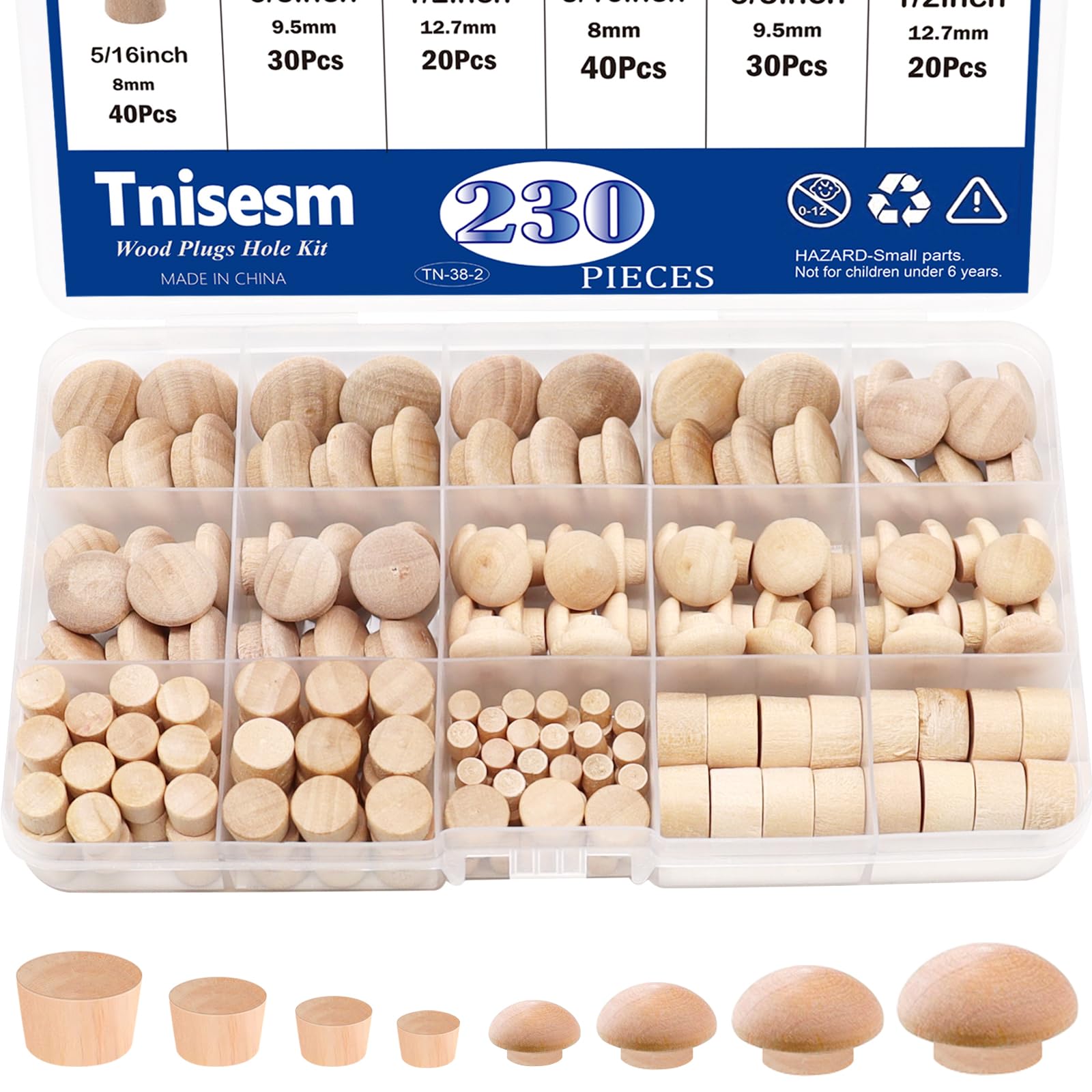 Tnisesm 230Pcs Wood Plugs 1/2" 3/8" 5/16" 3/16" Hole Plugs Button Plugs 2 Styles Button Screw Covers Assortment Kit Mushroom & Flush Wood Caps