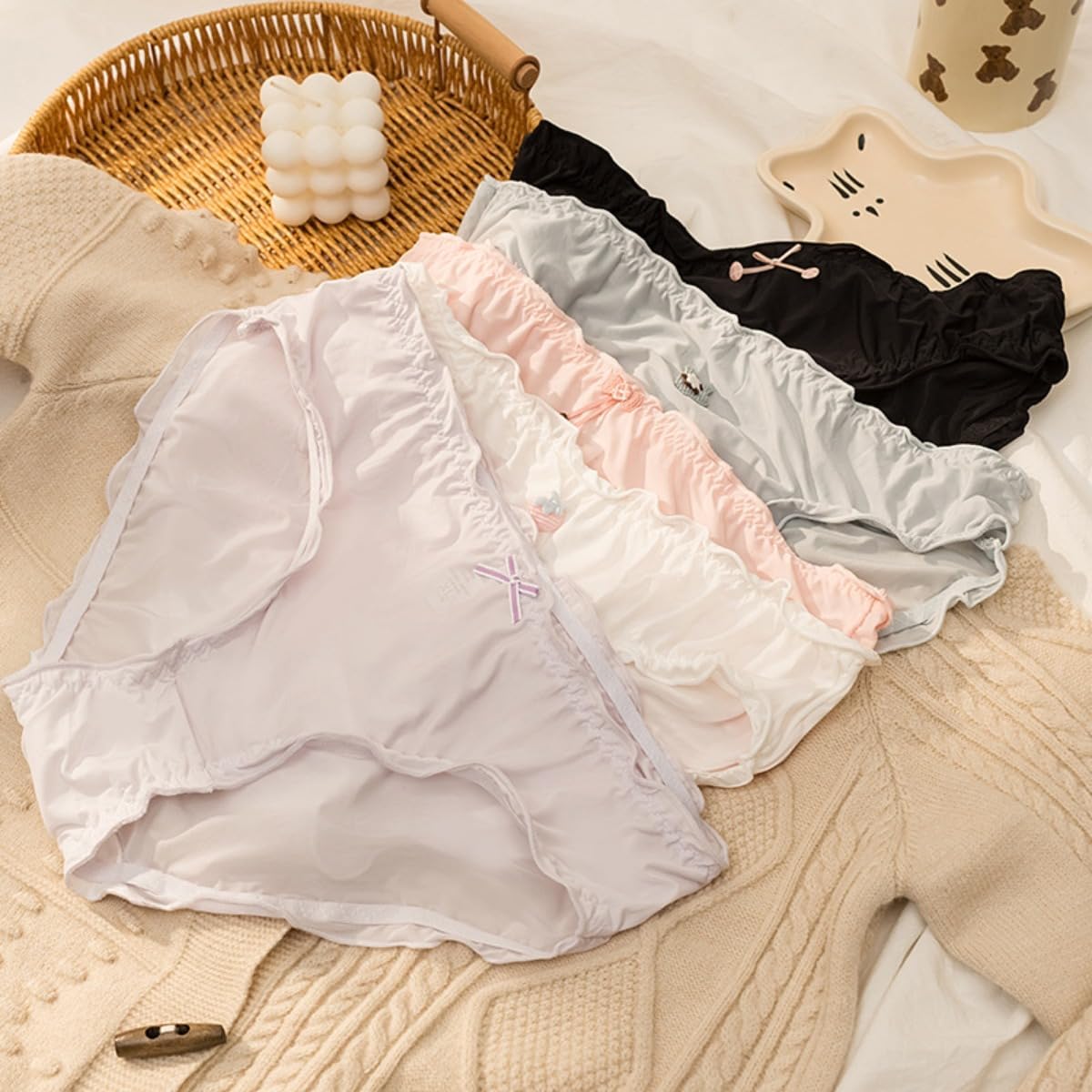 5 Packs Cute Underwear for Women Strawberry Bow Knot Silk Ruffled Edge Panties - Image 7