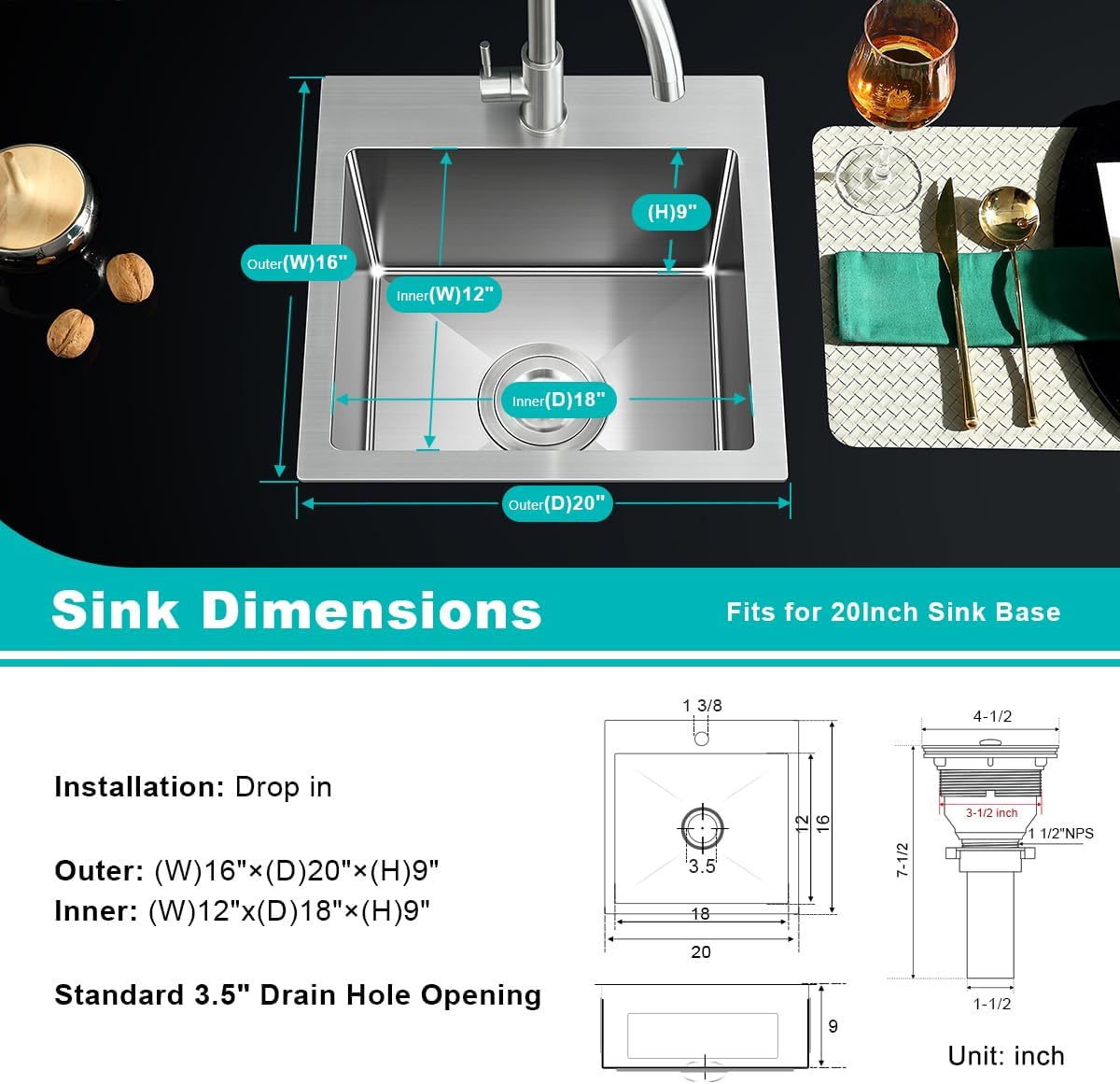20-inch Drop in Kitchen Sink, TSIBOMU Stainless Steel Single Bowl Small Kitchen Sink Brushed Nickel,D20"xW16"xH9"