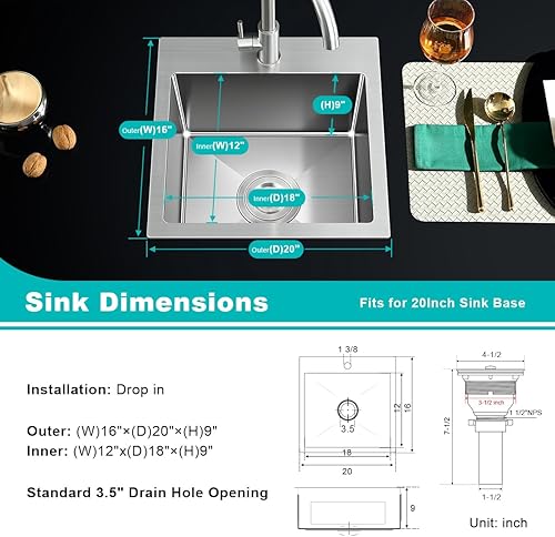 Miniatura 3 de Fregadero de cocina pequeño de acero inoxidable con caída de 20 pulgadas, níquel cepillado, 20 pulgadas de profundidad x 16 pulgadas de ancho x 9