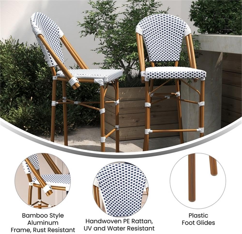 Pemberly Row Modern 30.25" Rattan Bar Stools, White/Navy, Set of 2, Fade Resistant PE Rattan with Bamboo Print Metal Frames, Indoor/Outdoor Bistro Stools, Commercial Grade Seating for Patio or Bar Use