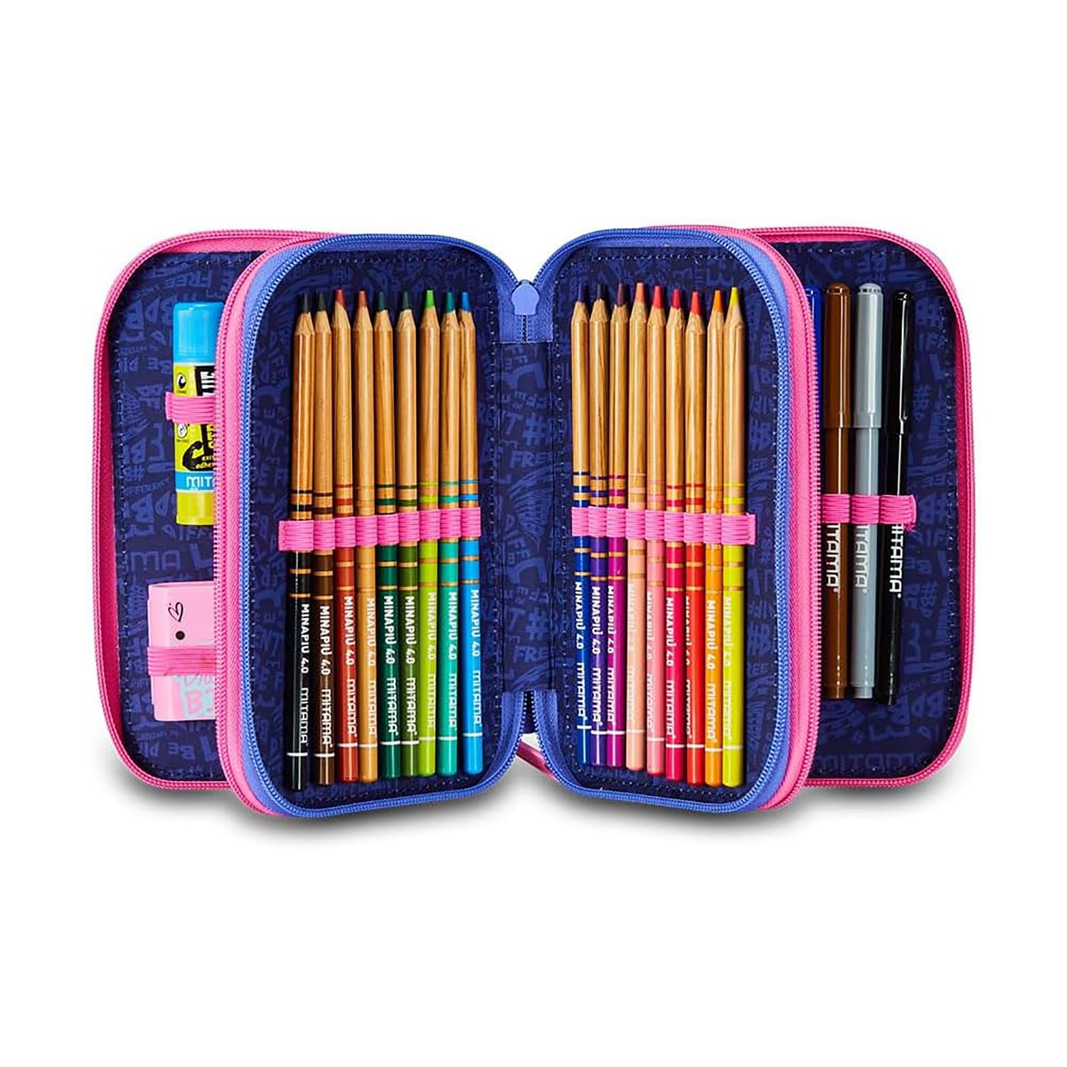 Mitama Astuccio Scuola 3 Scomparti, TRIPLO MAGIC PINK, Contenuto 47 pz, Completo di Matite, Pennarelli, Portapenne Scuola Elementare Bambina, 064512-000