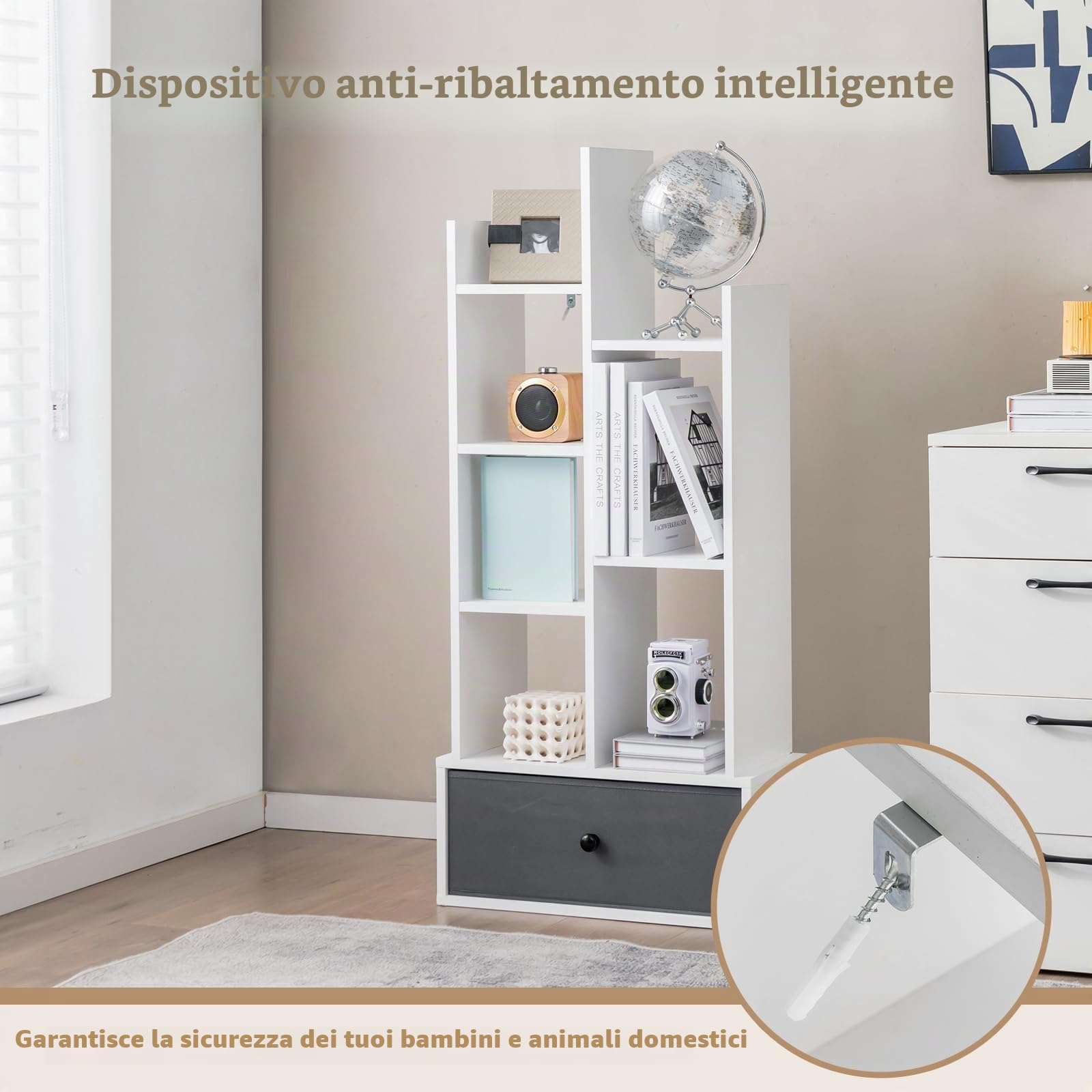 HOMASIS Libreria a 7 Livelli Con Cassetto, Scaffale Verticale Bianco da Terra in Legno, d'Angolo per Soggiorno, Ufficio, Camera da Letto, 53 x 24 x 118 cm