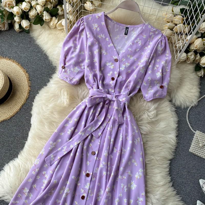 Gufrina Dresses for Women Half Sleeve || Floral Print || V-Neck and Puff Sleeves || Front Open Button & Tie-Up || Midi Dress (Lavender L) 3