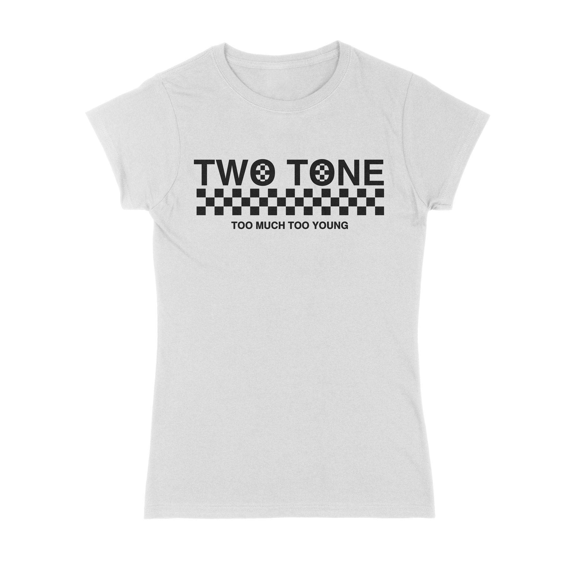 Tribal T-Shirts Women's White 2 Tone Too Much Too Young Narrow Logo Ska T-Shirt (Medium, )