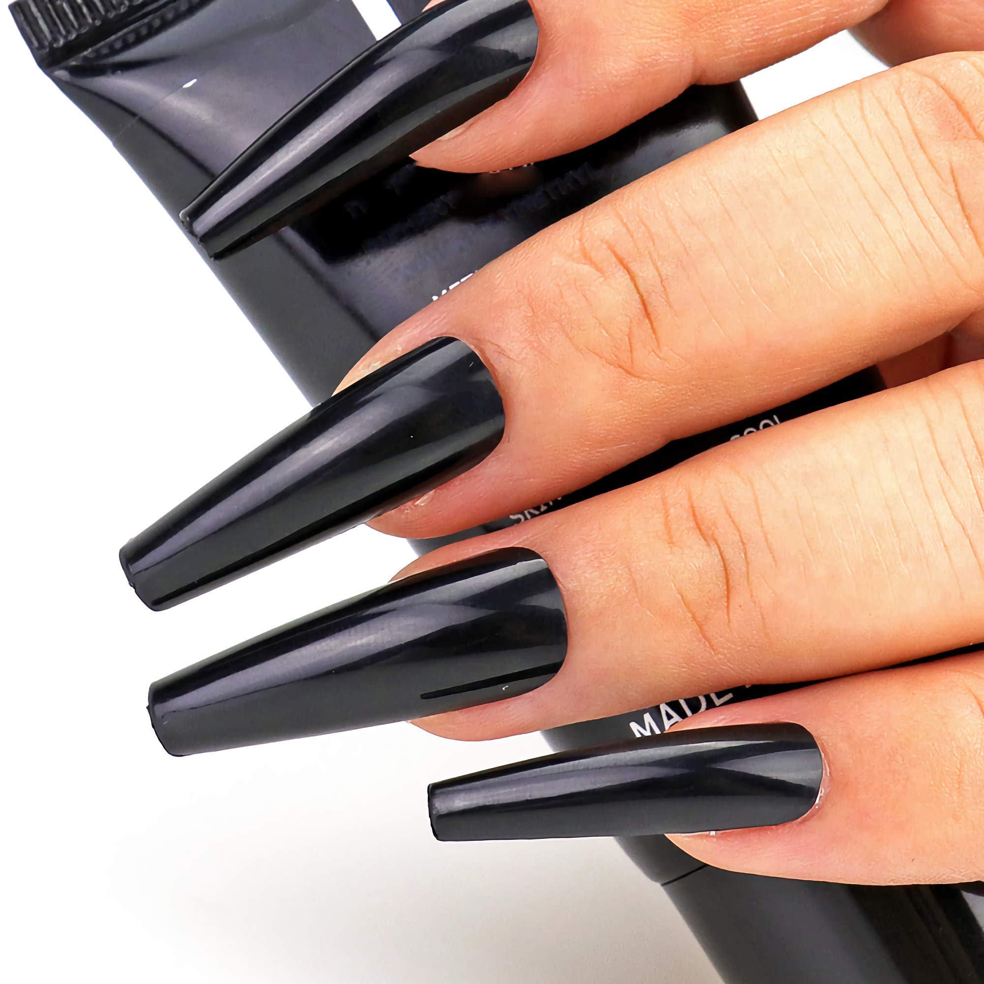 MISUDExtra Long Coffin Fake Nails, 100Pcs/Box False Nails Glossy Black Full Cover Press on Nails Manicure Art Nail Tips