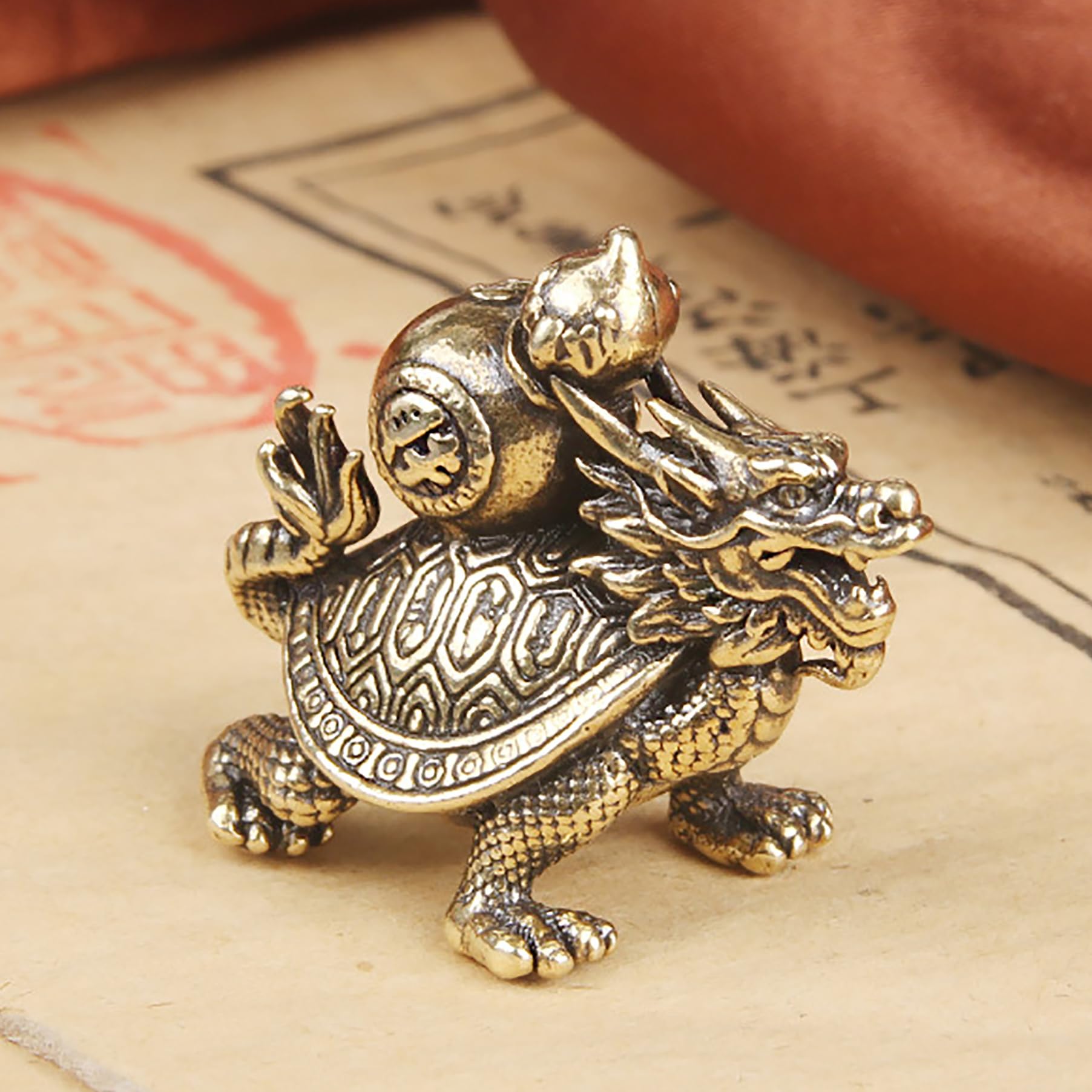 LOTONJTDragon Turtle Statue Solid Brass Statue Tortoise Carrying Longevity Gourd Feng Shui Wealth Wu Lou Calabash Money Attraction Metal Art Chinese Antique Celestial Animal Figurine Prosperity